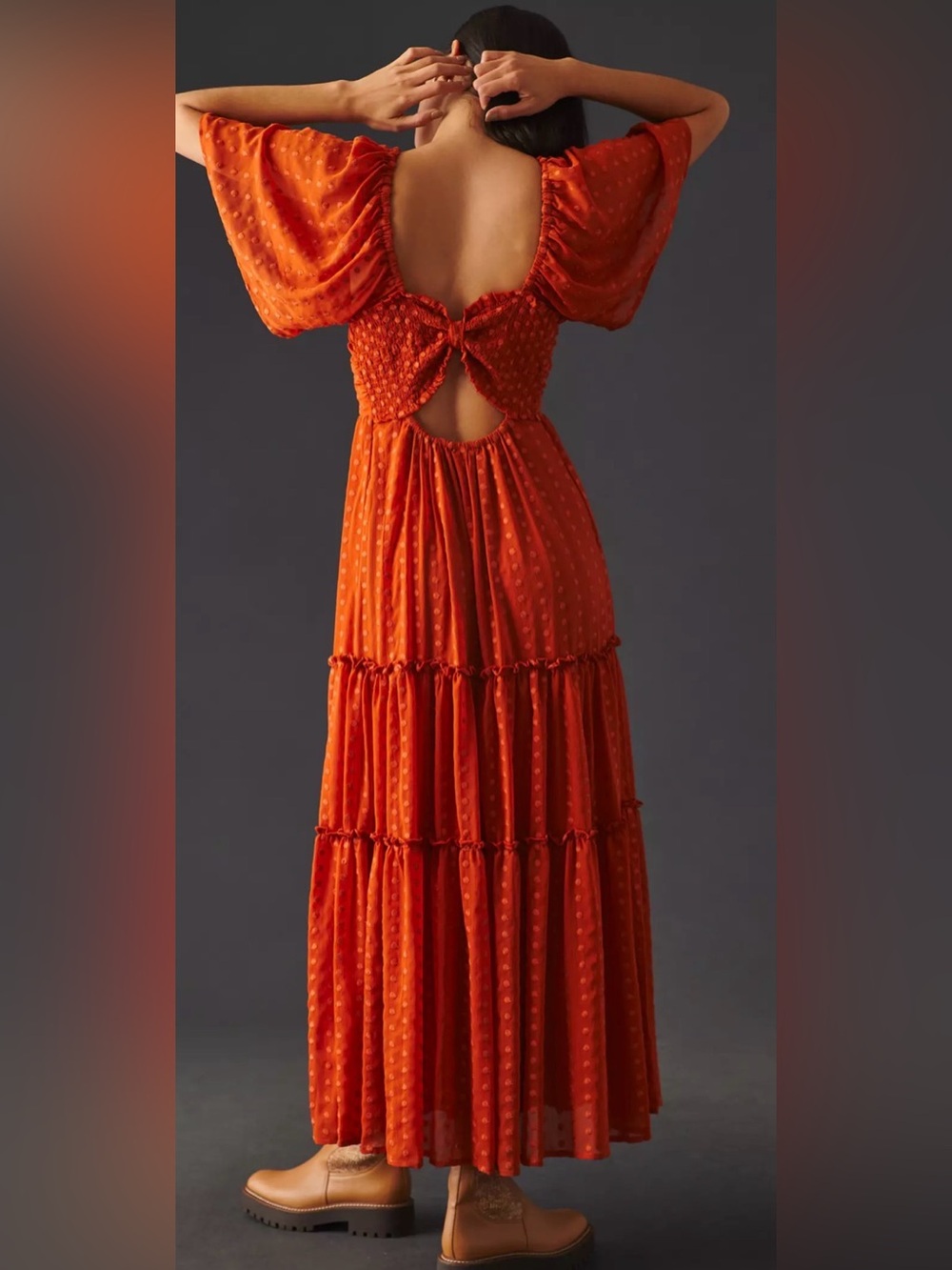 Anthropologie Rust Orange Polka Dot Tiered Maxi Dress - Picture 2 of 7